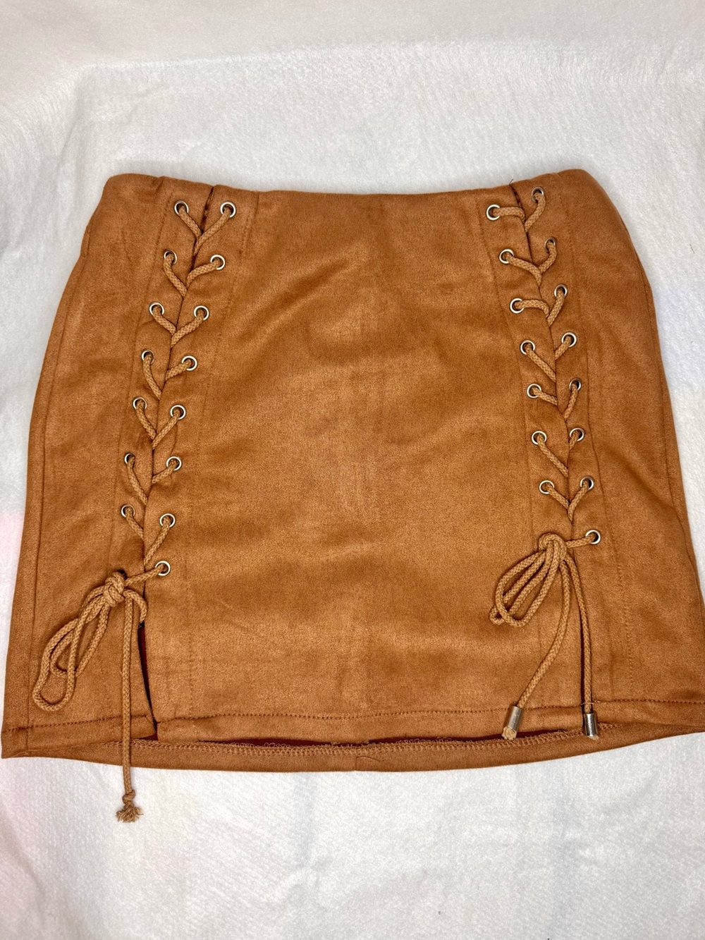Better Be Light Brown Cognac Lace-Up Faux Suede Western Mini Skirt Womens Small